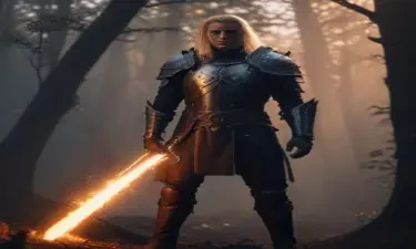 A dark, foreboding DnD fighter wearing studded leather armor, six-feet tall with long, blonde hair, at daybreak in a forest wielding a sword that has a glowing flame effect, DnD game style