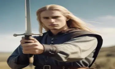 male ranger wearing medieval clothing, long blonde hair, holding a sword