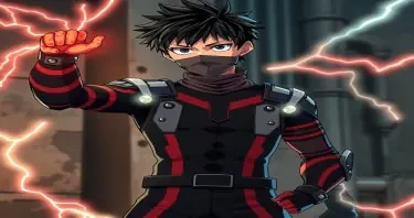 Full-body anime character of a focused teenage boy with short black hair, a cloth mask over his mouth, and burn-scarred arms. His black and red bodysuit is reinforced with insulated plates and glowing filament coils. He stands in a defensive posture, one arm raised with glowing plasma threads stretching outward like wires under tension. Background shows industrial walls partially sliced by plasma. Style of My Hero Academia, tense and technical, glowing thread effects