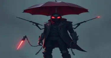Create a character named umbrella man he's going to look like a cyberpunk cyborg with mechanical arms where long mechanical stakes shoot out and chains are attached to the stakes . The stakes then open up to become umbrella. This umbrella man t