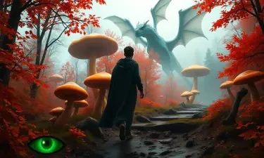 A male teenager in a dark green cloak, back turned, ascending a mud path amidst a mystical autumnal forest with fiery red and orange leaves, giant towering mushrooms and vibrant colors. Giant orange twisted fungi are in the foreground, a dragon with 4 wings looms high up in a misty sky. Two green mysterios eyes watch from the bottom left hand corner. The scene is bathed in warm, magical light.