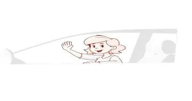 minimalist 3d white-on-white cartoon-like image ofmother and 5 year old son driving away and waving out the car windows no facial features. no hair. no clothes. transparent background.