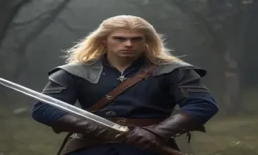 male ranger wearing medieval clothing, long blonde hair, holding a medieval sword "not armor"