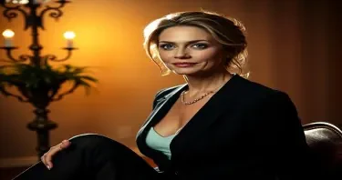 una donna di 45 anni molto bella Un ambiente lussuoso, sfarzoso  ed  delegante.  La ripresa è dal basso con un grandangolo spinto e riprende tutta la figura della donna comprese i tacchi degli stivali a campo intero  e affascinante, gambe lunghissime e magre ben definite. Lineamenti puliti, zigomi alti, naso dritto, labbra sottili ma ben disegnate. Occhi scuri molto profondi e magnetici. capelli raccolti dietro la nuca.  La pelle chiarissima, quasi luminosa, qualche lentiggine, occhi azzurri, profondi. Occhiali, calza  stivali alti fino alla coscia  in vernice DI  Christian Louboutin in pelle nera con tacco a SPILLO alto 12 cm.