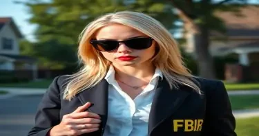 A tall blonde french woman, in her mid-thirties, dressed as an FBI agent, wearing dark sunglasses, standing in a suburban neighborhood