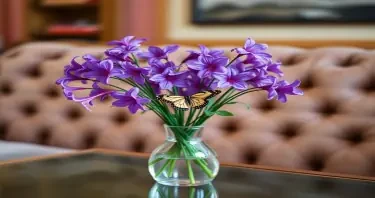 photograph, candid shot, famous randomly couch, center point for Purple flowers in a vase and a butterfly, Use camera is Canon EOS 5D Mark IV with a Canon EF 24mm f/1. 4L II USM lens, set at aperture f/2. 8 for a depth of field that highlights the furniture clean lines with rich and many detail, randomly color and finished, soft ambient light, studio light setting, ultra realistic, UHD, many details