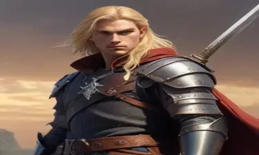 male ranger wearing medieval clothing, long blonde hair, holding a medieval sword "not armor"