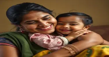 Create a young 35 years educated Indian Mother cuddling her one year ols child all fair complexioned