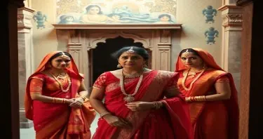 An old ex concubine now aged has transformed into a kind woman, who is taking care of the young dancers employed by the nawab.lady at the nawab's haweli. All are full bodied girls and ladies wearing nixe indian tradional clothes with jewelery