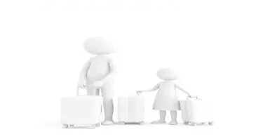 minimalist 3d white-on-white cartoon-like parent and child with suitcases. no facial features. no hair. no clothes. transparent background.