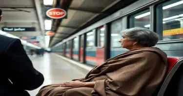 a fair complexioned 55 years old lady waiting at old delhi metro station platform is beng fferred a seat by a business executive 25 years of age.