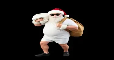 please create an image of Santa Claus in a white tee shirt and shorts facing forward wearing dark sunglasses and carrying a large bag of mail against a  flat black background
