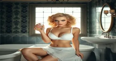An Art Noveau styled bathroom, light flowing through the large window a curly blonde girls with blue eyes with a malicious face is seated on a stool dressed with a white bra holding a glass perfume bottle in one hand