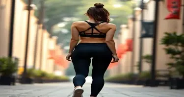 a realistic picture of a full body photo of a fit and beautiful japanese girl walking away from the camera wearing yoga pants