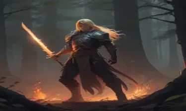 A dark, foreboding DnD fighter, six-feet tall with long, blonde hair, at daybreak in a forest wielding a sword that has a glowing flame effect, DnD game style