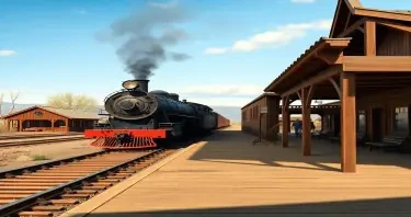 a photorealistic picture of an old wild west train station with a steam train st the platform to board it