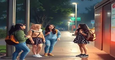 four teenage girls are gossiping at the bus stop outside their college in university of Delhi