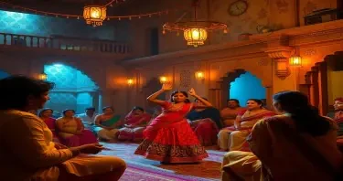 a mujrah scene in a haveli where navaabs are enjoying the dance perfomance of pretty young indian girls