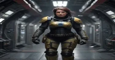 Female space marine in sci-fi armor.  She carries her helmet under one arm.  She is standing in a busy corridor aboard a starship.
