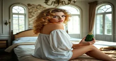 An Art Noveau styled room, with a double bed in the middle, light flowing through the large windows a curly blonde girls with blue ejes with a malicious face is seated with the back to the camera but looking at it over her shoulder  and dressed with a white loose unbuttoned open blouse on a double bed with a zucchini in one hand