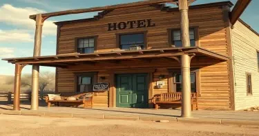 a photorealistic picture of an old wild west Hotel building close on the front porch