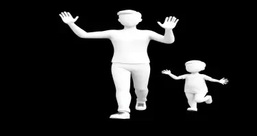 please create an image of a parent and child walking away waving goodbye minimalist, 3D white-on-white cartoon-like characters with no facial features, no hair, against a flat black background with no elaboration or details.