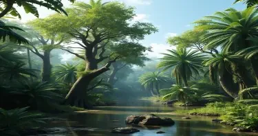 a photorealistic picture of a prehistoric jungle with full leafy trees and water on the groundand with no dinosaurs