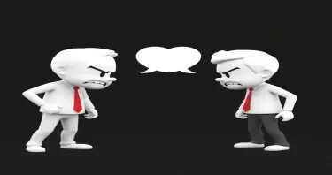 please create an image of two angry divorcing adults facing each otherusing minimalist, 3D white-on-white cartoon-like characters with no facial features, no hair, against a flat black background with no elaboration or details.