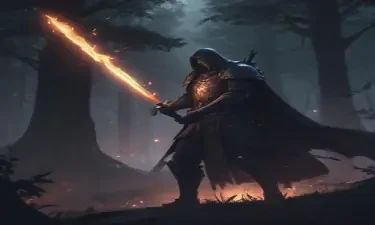 A dark, foreboding paladin in a moonlit forest wielding a sword that has a flame effect, DnD game style