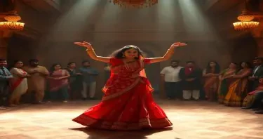 A dance performance in a nawab's haveli setting with guests around