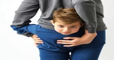 please create a photorealistic image of a 10 year old boy hiding behind his mother, his hands on her hips and peeking out from behind her with fear on his face against a flat white background.