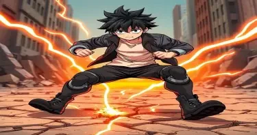 Full-body anime-style character of a rebellious teenage boy with messy black hair and cocky attitude. He wears reinforced street-style combat pants with seismic pads on his knees and boots. His jacket is open, sleeves rolled up, fists clenched. Cracks run through the ground under his feet as he slams one foot down. Background includes urban rubble and broken pavement radiating from his stance. Style of My Hero Academia, explosive and grounded, with gritty detail and motion emphasis