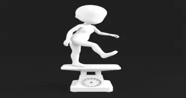 please draw a minimalist white-on-white 3d character being weighed on a medical scale. she has one foot off the scale to make herself appear to weigh less. Flat black background. no facial features. no elaboration or details.