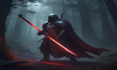 A dark, foreboding paladin in a moonlit forest wielding a sword that has a red, ruby-gem, shimmering effect, DnD game style