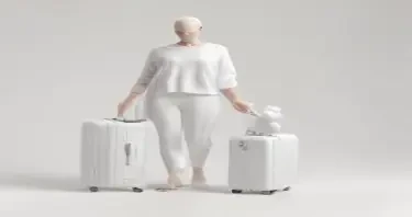 minimalist 3d white-on-white cartoon-like parent and child with suitcases. no facial features. no hair. no clothes. transparent background.