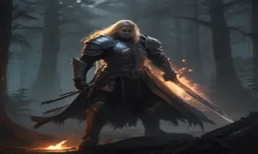 A dark, foreboding paladin, six-feet tall with long, blonde hair,  in a moonlit forest wielding a sword that has a glowing flame effect, DnD game style
