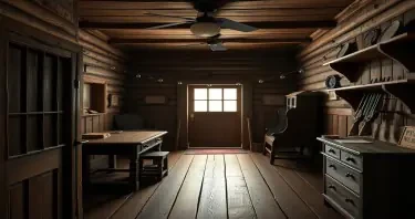 a photorealistic picture inside an old wild west sheriff's jail seeing the jail cell and his desk and gun rack