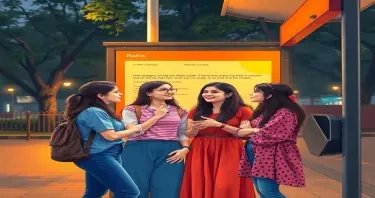 four teenage girls are gossiping at the bus stop outside their college in university of Delhi