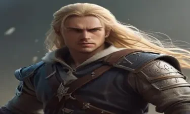 male ranger wearing medieval clothing, long blonde hair, holding a medieval sword "not armor"