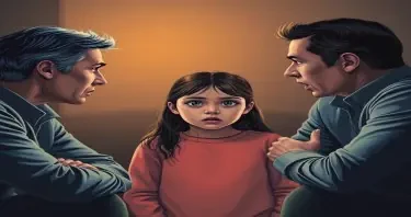 two parenst arguing about child custody with their 10 year old daughter between them looking scared