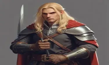 male ranger wearing medieval clothing, long blonde hair, holding a medieval sword