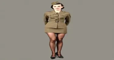 Woman wearing WW2 WAC Uniform with sheer black stocking garter belt and conservative high heel shoes
