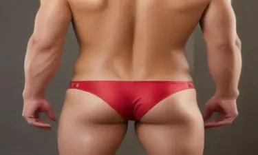 Back view. Young asian man. 21 years old. Only wearing skimpy red colour bikini briefs. Full body.