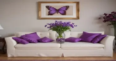 photograph, candid shot, famous randomly couch, center point for Purple flowers in a vase and a butterfly, Use camera is Canon EOS 5D Mark IV with a Canon EF 24mm f/1. 4L II USM lens, set at aperture f/2. 8 for a depth of field that highlights the furniture clean lines with rich and many detail, randomly color and finished, soft ambient light, studio light setting, ultra realistic, UHD, many details