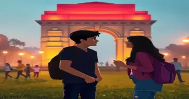 teenage boy and girl friends romantically talking to each other in the India Gate lawna