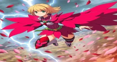 Full-body anime character of a determined teenage girl with short blonde hair and bright green eyes. Her costume resembles stylized samurai armor fused with petal motifs: red and pink segmented plating on her arms, thighs, and shoulders. Sharp petal-blades fan out from her back like wings. She charges forward mid-motion, surrounded by whirling flower petals. Background is a battlefield dotted with petal shrapnel. Style of My Hero Academia, elegant yet deadly, floral elegance meets martial precision