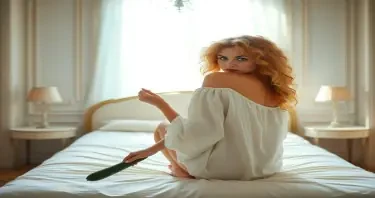 An Art Noveau styled room, with a double bed in the middle, light flowing through the large windows a curly blonde girls with blue ejes with a malicious face is squatting with the back to the camera but looking at it over her shoulder  and dressed with a white loose unbuttoned open blouse on a double bed showing a long double headed zucchini in one hand