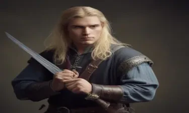 male ranger wearing medieval clothing, long blonde hair, holding a medieval sword