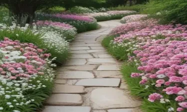 beautiful winding path with pink and white flowers.