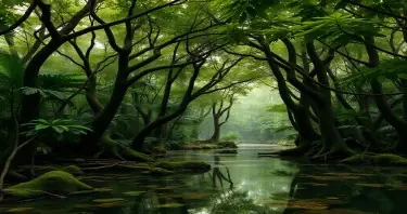 a photorealistic picture of a prehistoric jungle with full leafy trees and water on the groundand with no dinosaurs